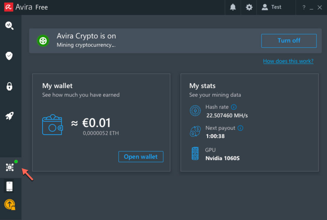 UX dark pattern example, showing Avira antivirus screenshot of the cryptocurrency mining app they install without the users knowledge.