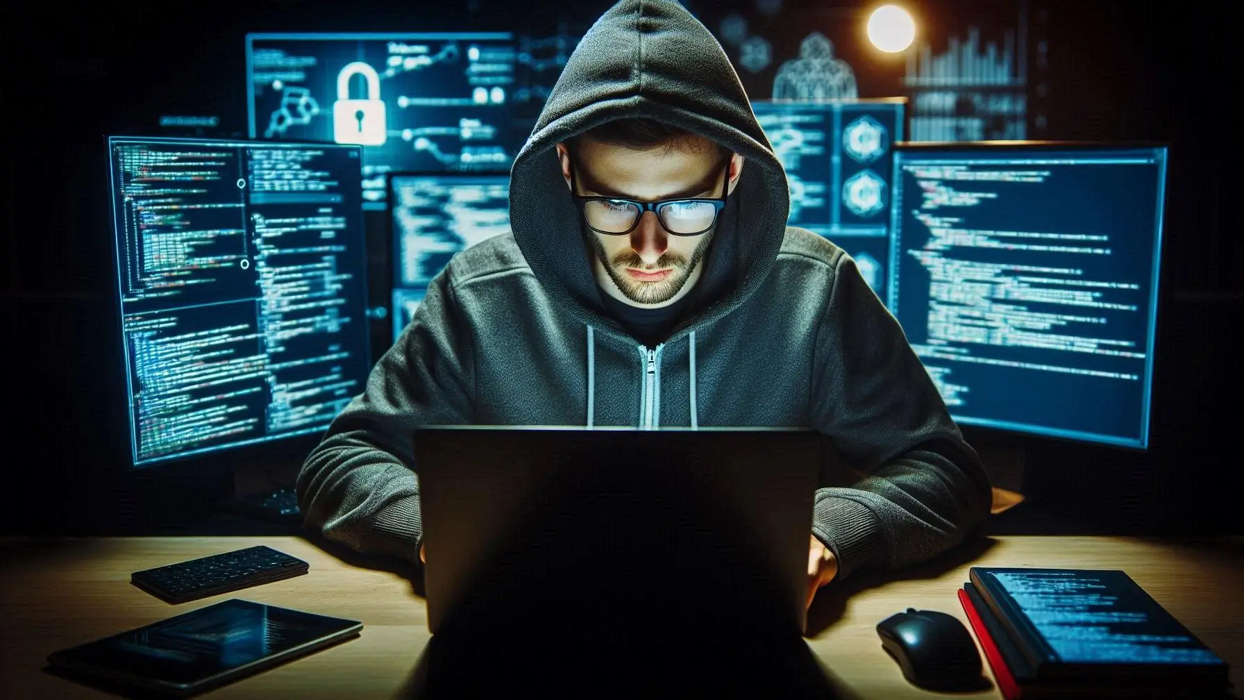 Computer hacker working on a laptop trying to hack into a website.