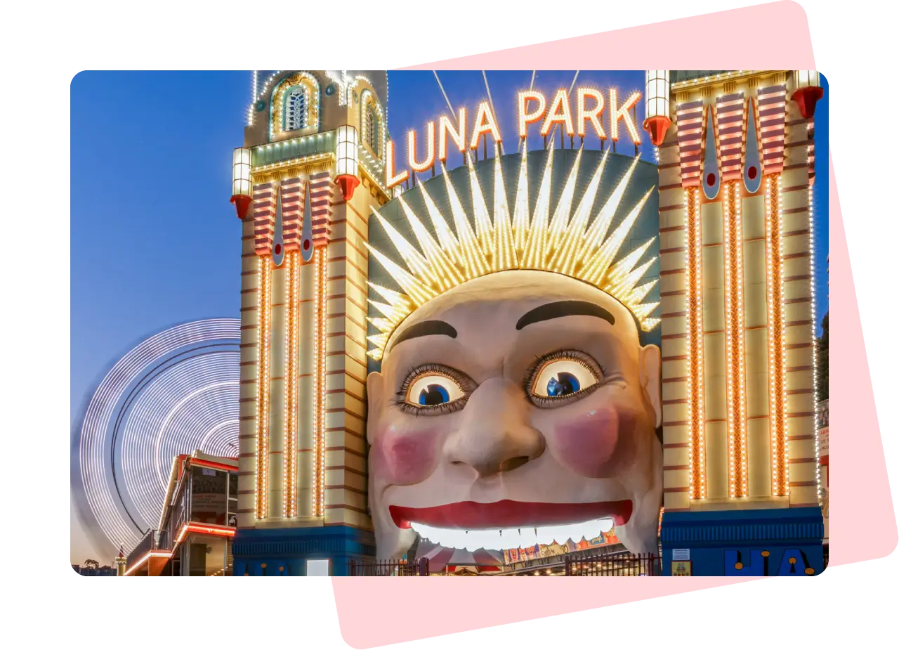 The famous front entrance to Luna Park Sydney, where you walk through the mouth of a giant face.