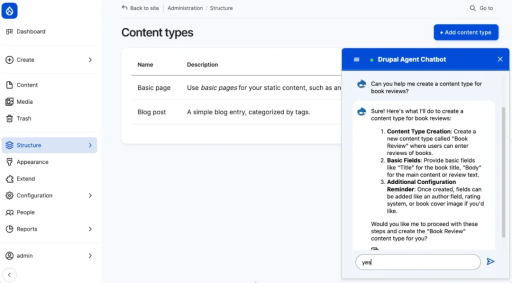 The Drupal Agent Chatbot provides AI-powered assistance to help you structure your website content and customise your content model.